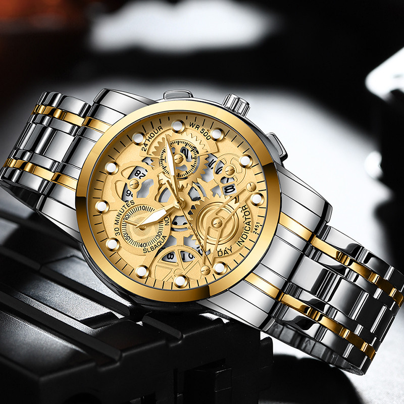 Vīriešu biznesa pulkstenis, skelets, dizains, moderns mehānisks stils, nerūsējošā tērauda kvarca kustības kalendārs, ūdensizturīgs vīriešu rokas pulkstenis