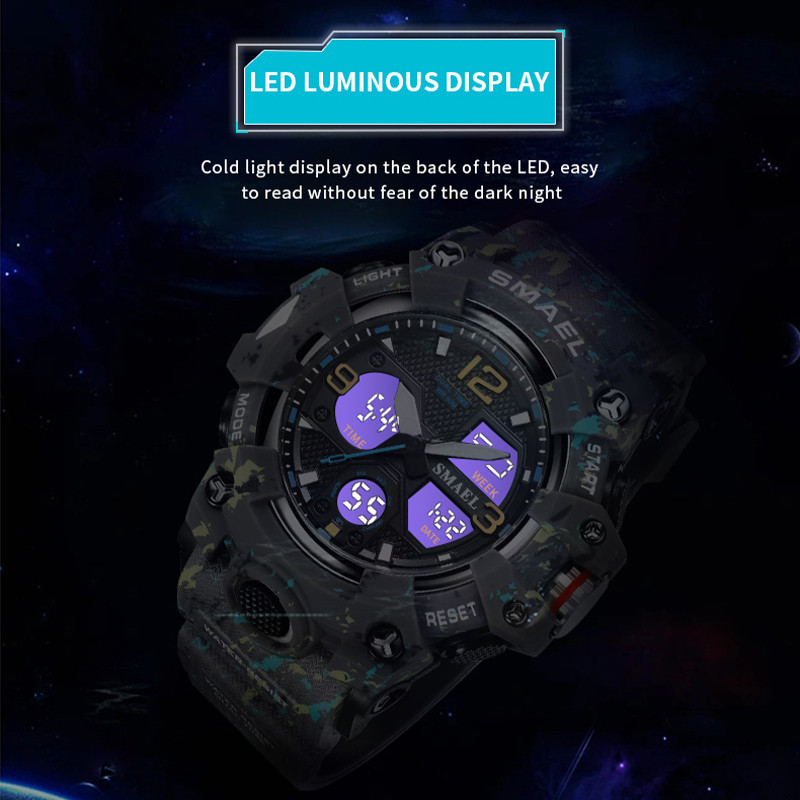 Vīriešu pulksteņi sportam SMAEL militārais pulkstenis, kamuflāžas stila 50 m ūdensizturīgs pulkstenis, modinātājs, hronometrs 8008, kvarca rokas pulksteņi vīriešiem