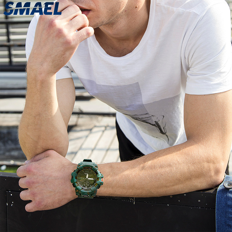 Vīriešu pulksteņi sportam SMAEL militārais pulkstenis, kamuflāžas stila 50 m ūdensizturīgs pulkstenis, modinātājs, hronometrs 8008, kvarca rokas pulksteņi vīriešiem