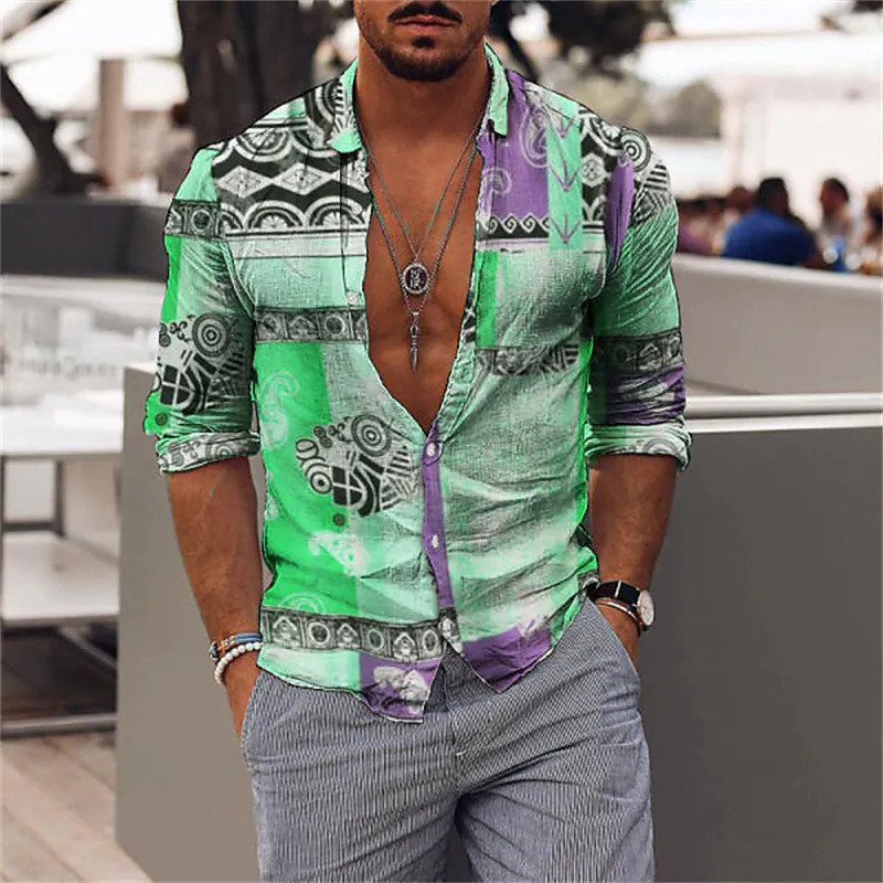 Ανδρικό κορυφαίο πουκάμισο με μοτίβο εκτύπωσης με δημιουργική ραφή, μακρυμάνικο πέτο, 3D ψηφιακή εκτύπωση, 2023 Fashion New Hot Sale