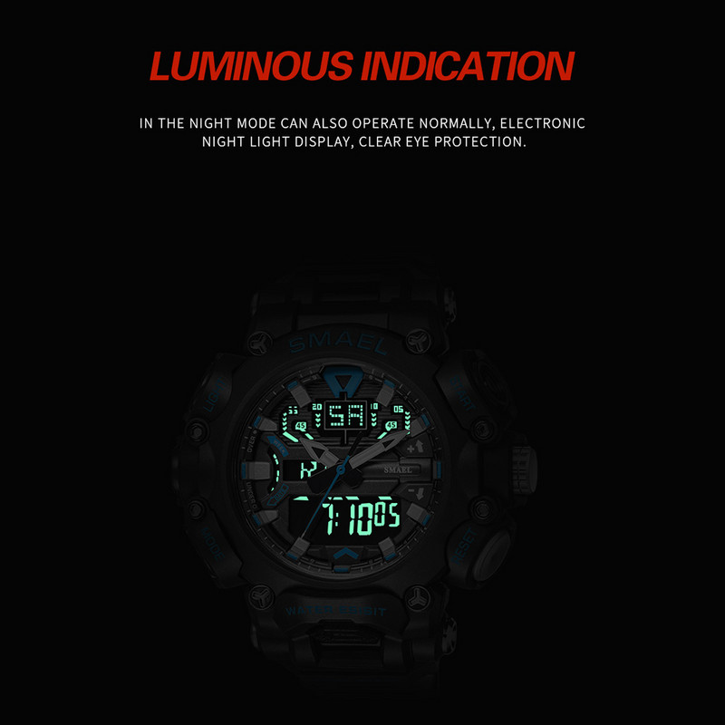 SMAEL többfunkciós katonai karóra férfi vízálló, ütésálló sportóra férfiaknak, kettős mozgású stopperóra, 8053 karóra