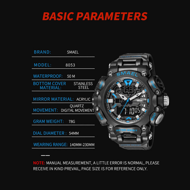 SMAEL többfunkciós katonai karóra férfi vízálló, ütésálló sportóra férfiaknak, kettős mozgású stopperóra, 8053 karóra