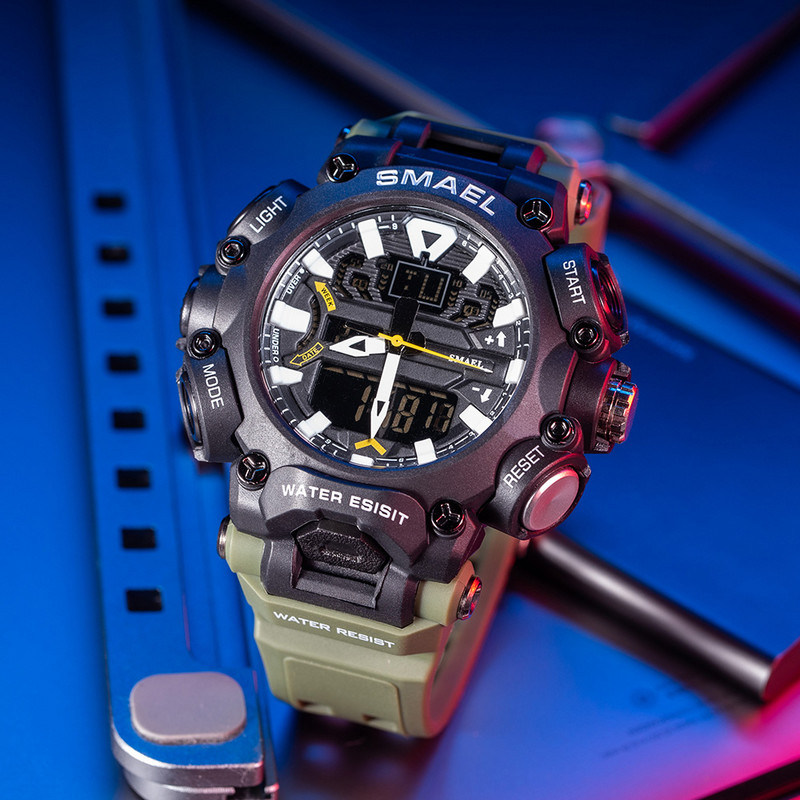 SMAEL többfunkciós katonai karóra férfi vízálló, ütésálló sportóra férfiaknak, kettős mozgású stopperóra, 8053 karóra