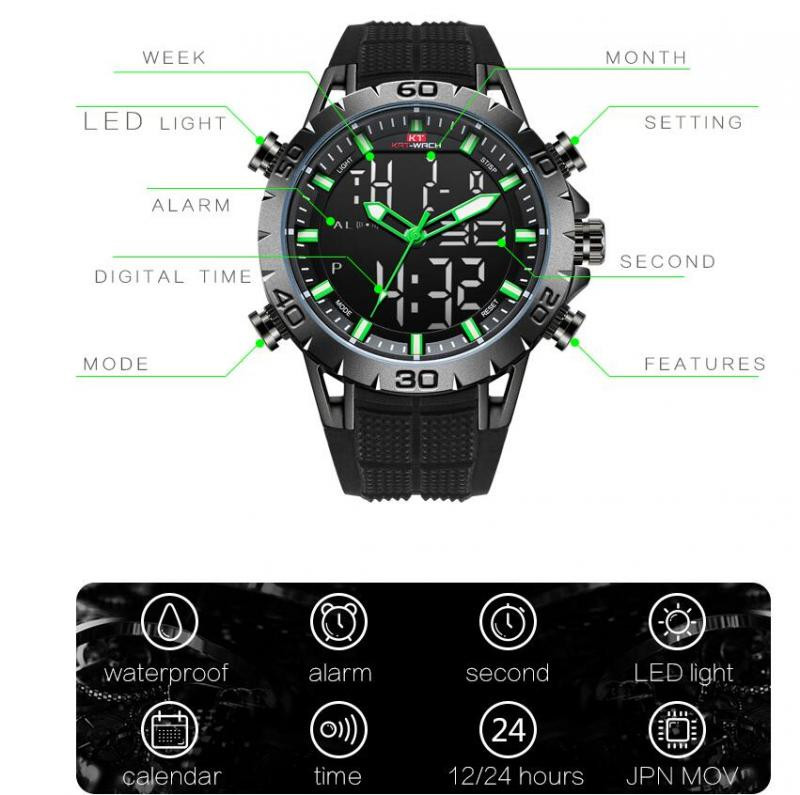 Υψηλής ποιότητας Ανδρικά ρολόγια μαγιό με λουράκι από καουτσούκ Led Digital Alarm Ρολόι χαλαζία Στρατιωτικό αδιάβροχο 50M Ρολόι διπλής οθόνης Νέο