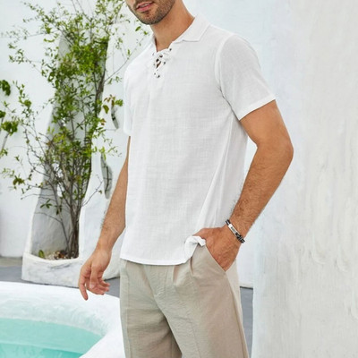 Meeste must pikkade varrukatega särk Meeste soliidsed lahtikäiva kraega särgid, nööriga avarad lühikeste varrukatega mood Lihtsad valged T-särgid T-topp