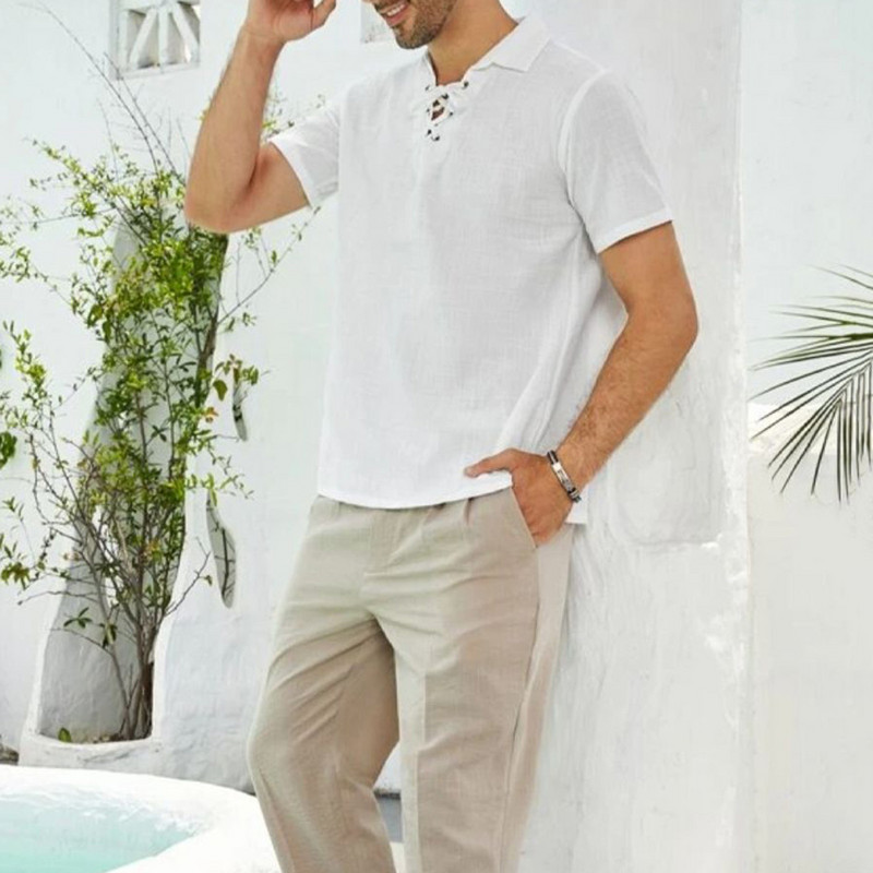 Meeste must pikkade varrukatega särk Meeste soliidsed lahtikäiva kraega särgid, nööriga avarad lühikeste varrukatega mood Lihtsad valged T-särgid T-topp