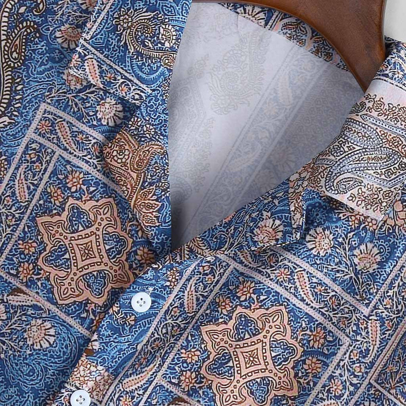 Ikdienas ielu apģērbi vintage etniskā stila apdruka Havaju krekli Retro savārstījums brīvi īsām piedurknēm, statīvs apkakle Ikdienas krekls