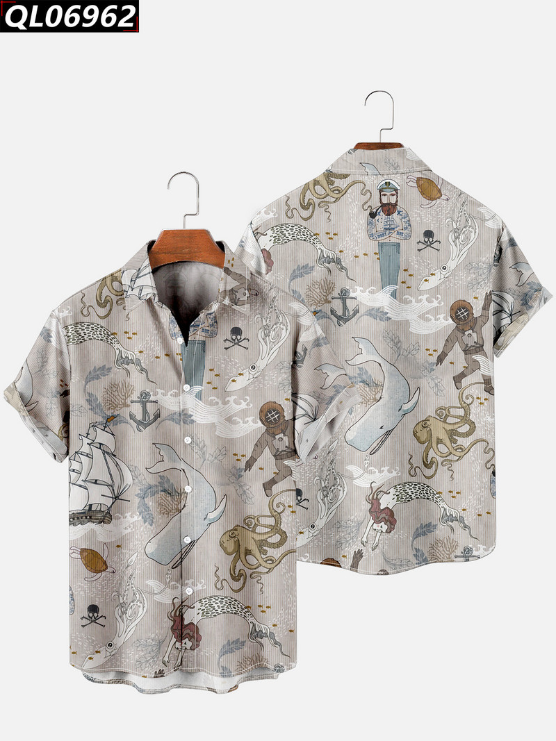 Nyári férfi alkalmi tengeri tengeri tengeri organizmus nyomtatott ingek 2022-es rövid ujjú hawaii ing lehajtható galléros strandblúzok felsők