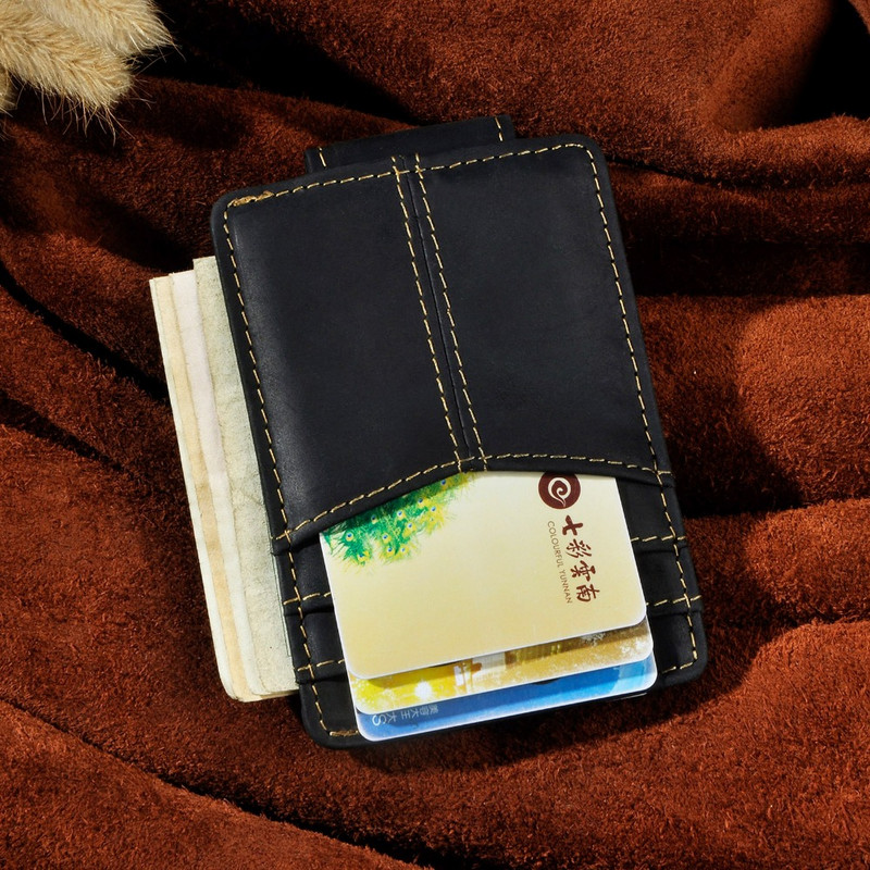 Kožená peňaženka s magnetickým klipom na peniaze, držiak na kreditné karty a bankovky, tenká mini praktická peňaženka s predným vreckom pre mužov 1017b