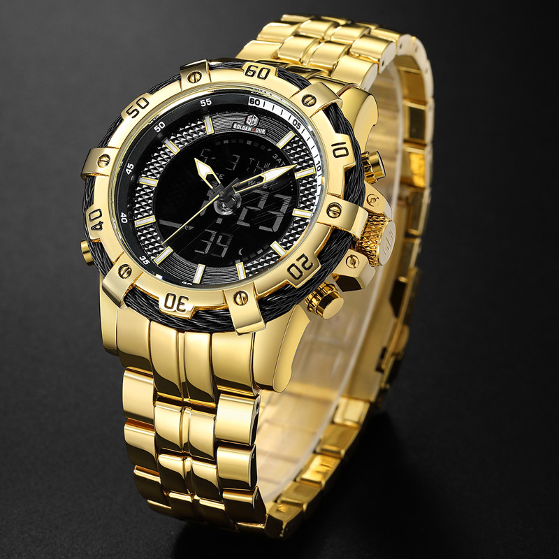 Ανδρικό ρολόι GOLDENHOUR Fashion Luxury Dual Display Ρολόγια χειρός χαλαζία από ανοξείδωτο ατσάλι Αδιάβροχο αθλητικό ρολόι Relogio Masculino
