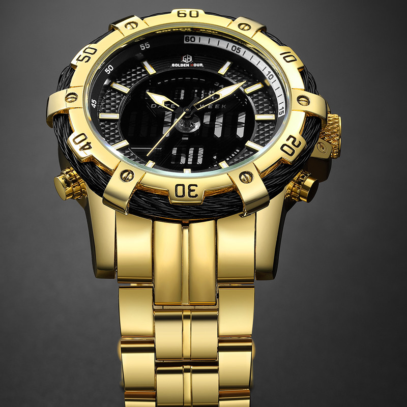 Ανδρικό ρολόι GOLDENHOUR Fashion Luxury Dual Display Ρολόγια χειρός χαλαζία από ανοξείδωτο ατσάλι Αδιάβροχο αθλητικό ρολόι Relogio Masculino