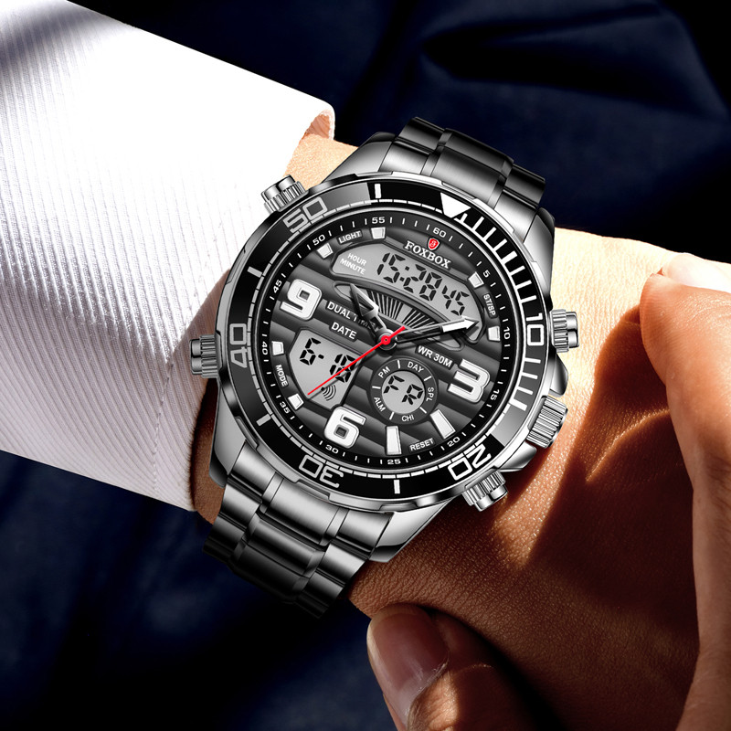 Ανδρικά ρολόγια 2022 Νέο FOXBOX Dual Display Αθλητικό ρολόι καρπού από ανοξείδωτο ατσάλι για άνδρες Αδιάβροχο ρολόι ημερομηνίας Relogio Masculino+Box