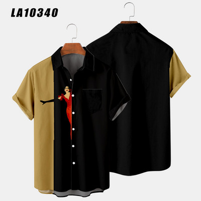 2021-es divatos férfi hétköznapi harajuku mintás tavaszi/nyári kockás ing rövid ujjú mellkasi zseb, divatos gomb