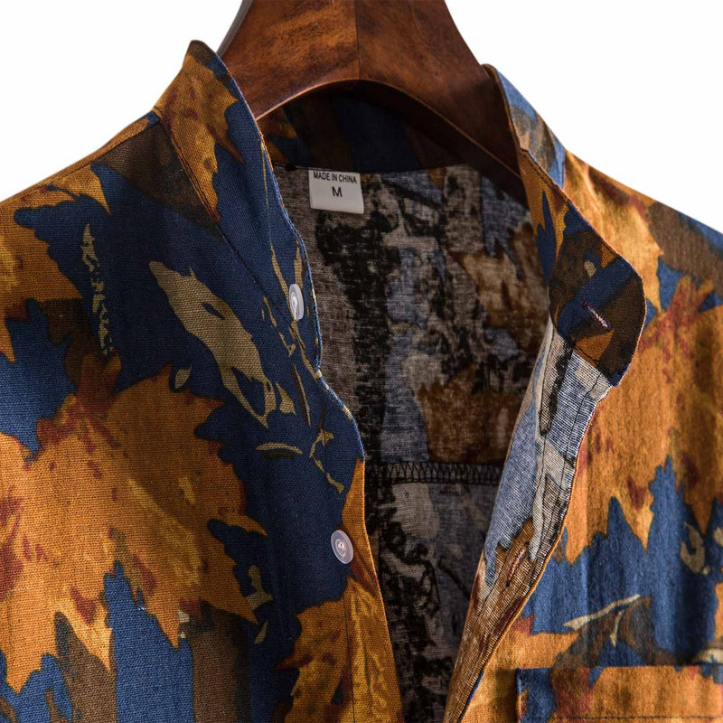 Medvilniniai lininiai klevo lapai havajietiški marškinių stovas apykaklė Vintage Vyriški trumpomis rankovėmis marškiniai Palaidinės Et Chemises