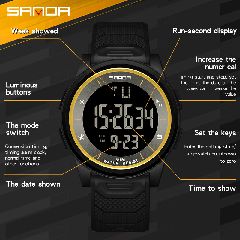 SANDA Fashion Simple White Sport Ρολόγια Ανδρικά Στρατιωτικά LED Ψηφιακό ρολόι Ξυπνητήρι Chronograph 50M Αδιάβροχο Relogio Masculino