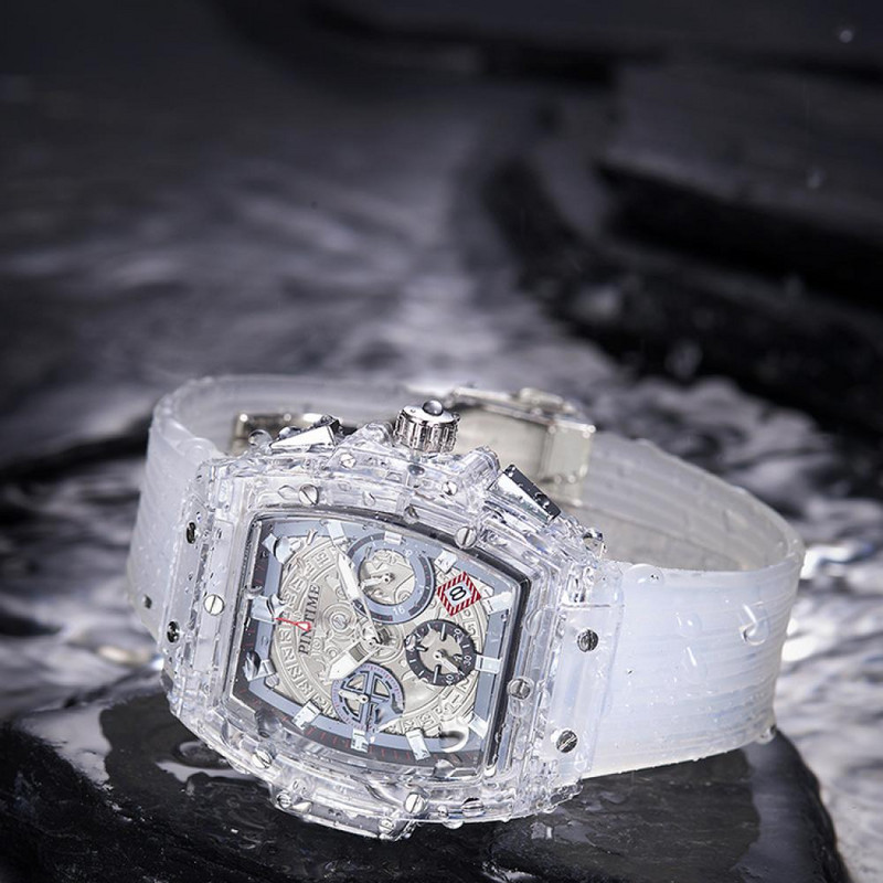 PINTIME Caurspīdīgs apvalks Daudzfunkcionāls gaišs modes vīriešu pulksteņi sieviešu pulkstenis Silikona lentes kvarca kustības sporta pulkstenis