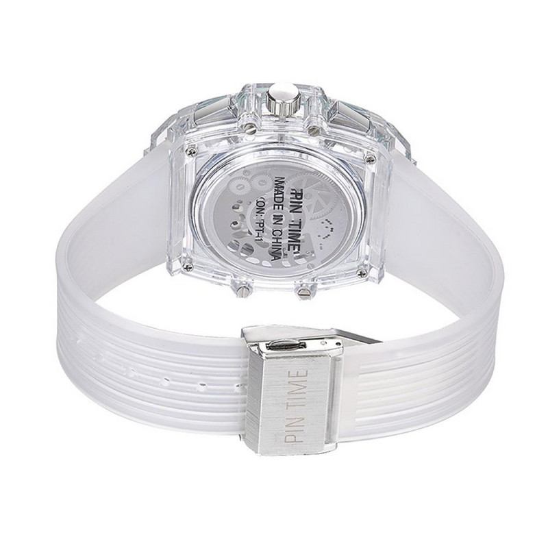 PINTIME Caurspīdīgs apvalks Daudzfunkcionāls gaišs modes vīriešu pulksteņi sieviešu pulkstenis Silikona lentes kvarca kustības sporta pulkstenis