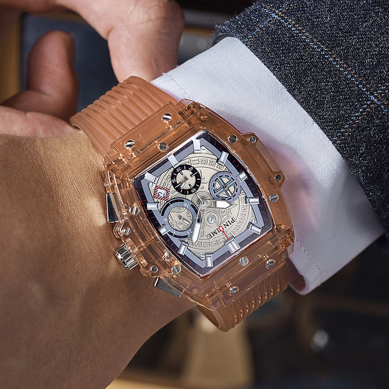 PINTIME Caurspīdīgs apvalks Daudzfunkcionāls gaišs modes vīriešu pulksteņi sieviešu pulkstenis Silikona lentes kvarca kustības sporta pulkstenis