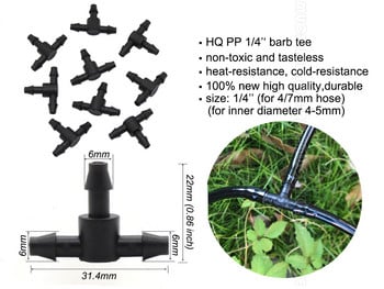 MUCIAKIE 50PCS Barb Tee Piece 3 Way 4/7mm Connector Тръба за напояване на градината, маркуч, T-образна връзка, микроинструмент за капково напояване, 1/4\'\' съединители