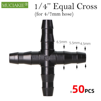 MUCIAKIE 50GAB Dzelzs tēja gabals 3 ceļu 4/7 mm savienotājs dārza laistīšanas caurules šļūtene T savienojuma mikro pilienveida apūdeņošanas rīks 1/4 collu savienojumi