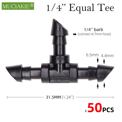 MUCIAKIE 50GAB Dzelzs tēja gabals 3 ceļu 4/7 mm savienotājs dārza laistīšanas caurules šļūtene T savienojuma mikro pilienveida apūdeņošanas rīks 1/4 collu savienojumi