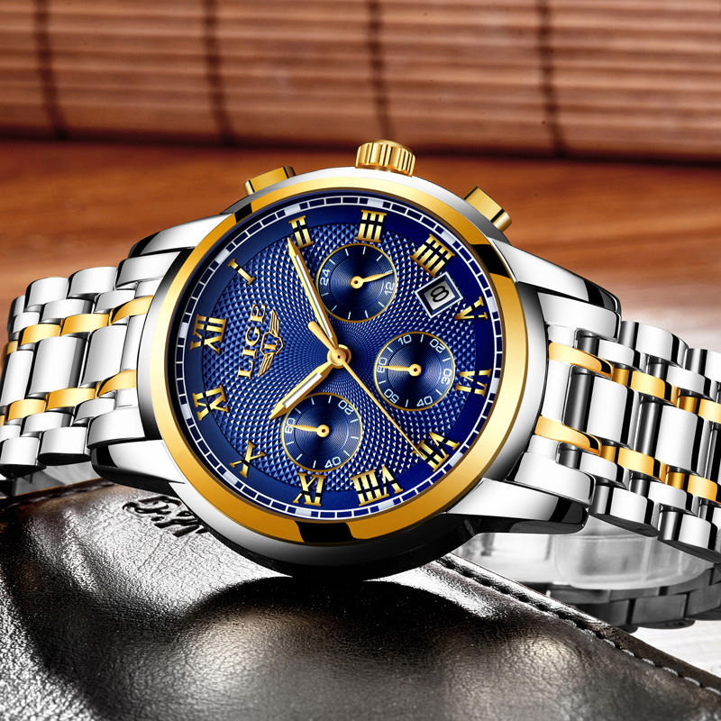 Nauji LIGE laikrodžiai vyriški prabangūs prekės ženklo Chronograph vyriški sportiniai laikrodžiai vandeniui atsparūs viso plieno kvarciniai vyriški laikrodžiai Relogio Masculino+BOX