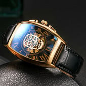 Нов мъжки часовник, модна кожена каишка Tonneau Tourbillon Skull Hollow, автоматични механични часовници за мъже, мъжки подарък Drop Shipping