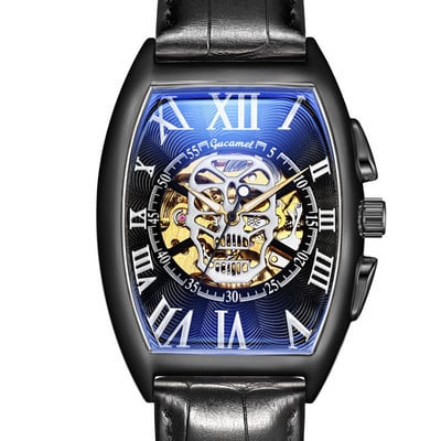 Нов мъжки часовник, модна кожена каишка Tonneau Tourbillon Skull Hollow, автоматични механични часовници за мъже, мъжки подарък Drop Shipping