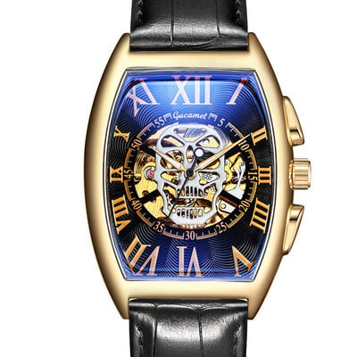 Нов мъжки часовник, модна кожена каишка Tonneau Tourbillon Skull Hollow, автоматични механични часовници за мъже, мъжки подарък Drop Shipping