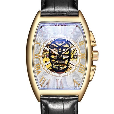 Нов мъжки часовник, модна кожена каишка Tonneau Tourbillon Skull Hollow, автоматични механични часовници за мъже, мъжки подарък Drop Shipping
