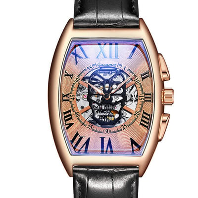 Нов мъжки часовник, модна кожена каишка Tonneau Tourbillon Skull Hollow, автоматични механични часовници за мъже, мъжки подарък Drop Shipping