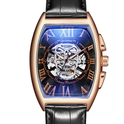 Нов мъжки часовник, модна кожена каишка Tonneau Tourbillon Skull Hollow, автоматични механични часовници за мъже, мъжки подарък Drop Shipping