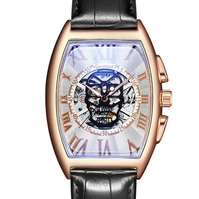 Нов мъжки часовник, модна кожена каишка Tonneau Tourbillon Skull Hollow, автоматични механични часовници за мъже, мъжки подарък Drop Shipping