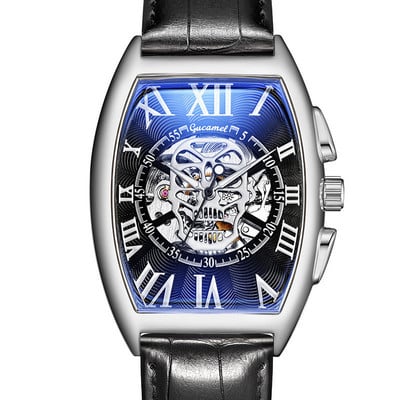 Нов мъжки часовник, модна кожена каишка Tonneau Tourbillon Skull Hollow, автоматични механични часовници за мъже, мъжки подарък Drop Shipping