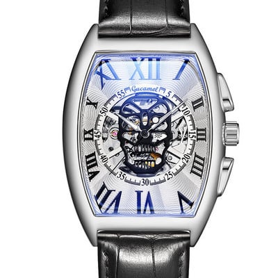 Нов мъжки часовник, модна кожена каишка Tonneau Tourbillon Skull Hollow, автоматични механични часовници за мъже, мъжки подарък Drop Shipping
