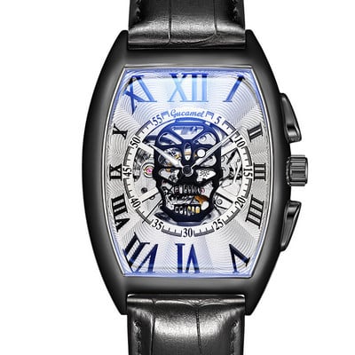 Нов мъжки часовник, модна кожена каишка Tonneau Tourbillon Skull Hollow, автоматични механични часовници за мъже, мъжки подарък Drop Shipping