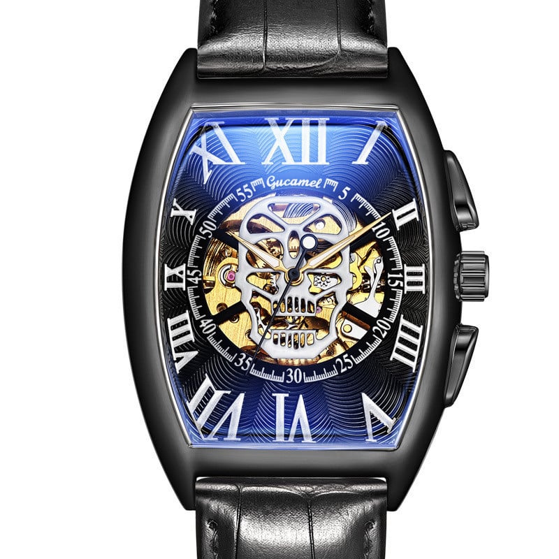 Нов мъжки часовник, модна кожена каишка Tonneau Tourbillon Skull Hollow, автоматични механични часовници за мъже, мъжки подарък Drop Shipping