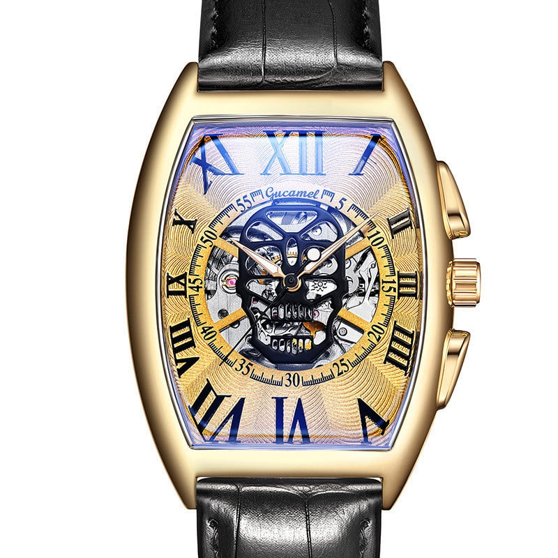 Нов мъжки часовник, модна кожена каишка Tonneau Tourbillon Skull Hollow, автоматични механични часовници за мъже, мъжки подарък Drop Shipping