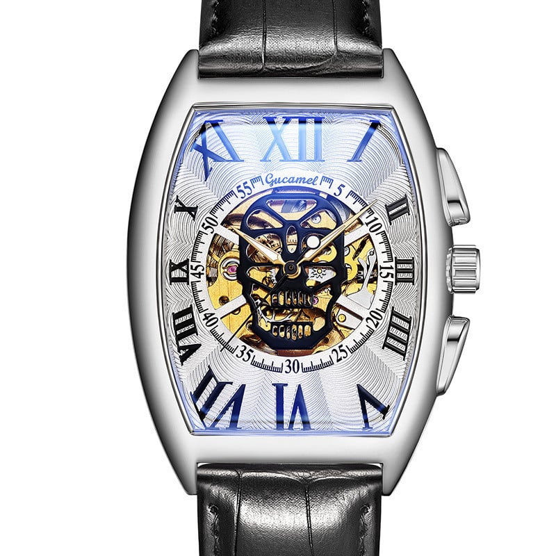 Нов мъжки часовник, модна кожена каишка Tonneau Tourbillon Skull Hollow, автоматични механични часовници за мъже, мъжки подарък Drop Shipping