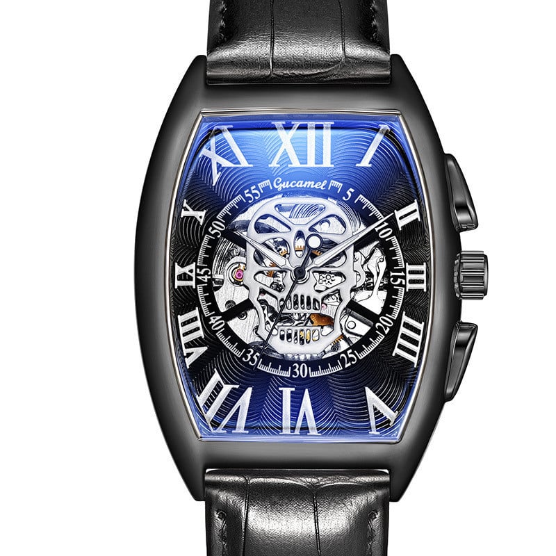 Нов мъжки часовник, модна кожена каишка Tonneau Tourbillon Skull Hollow, автоматични механични часовници за мъже, мъжки подарък Drop Shipping