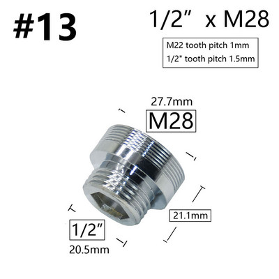 Messingist hõbedane veekraani liitmik 1/2" kuni M16 M18 M20 M22 M24 M28 keermega ühendus vasest liitmikud köögi ja vannitoa jaoks