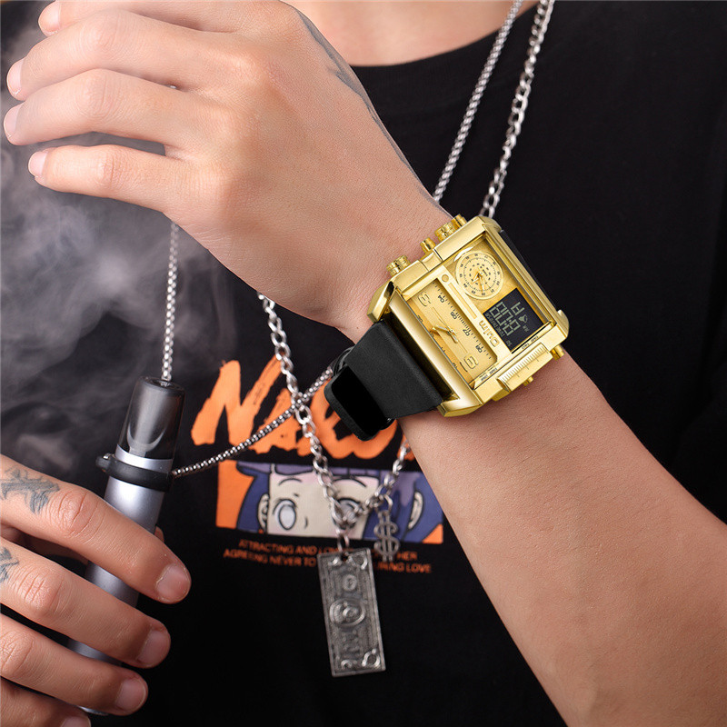 Oulm LED digikellad meeste luksusbränd 3 ajavööndiga kvarts suur kell 24 tundi nahkrihmaga meeste spordikell Relogio Masculino