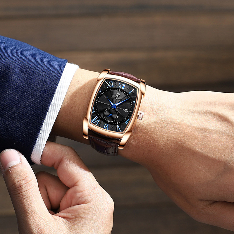 Vrhunska robna marka, ležerni modni satovi, muški pravokutni, veliki brojčanik, kronograf, kožna narukvica, poslovna haljina, muški ručni sat, sport na otvorenom