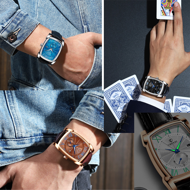 Vrhunska robna marka, ležerni modni satovi, muški pravokutni, veliki brojčanik, kronograf, kožna narukvica, poslovna haljina, muški ručni sat, sport na otvorenom