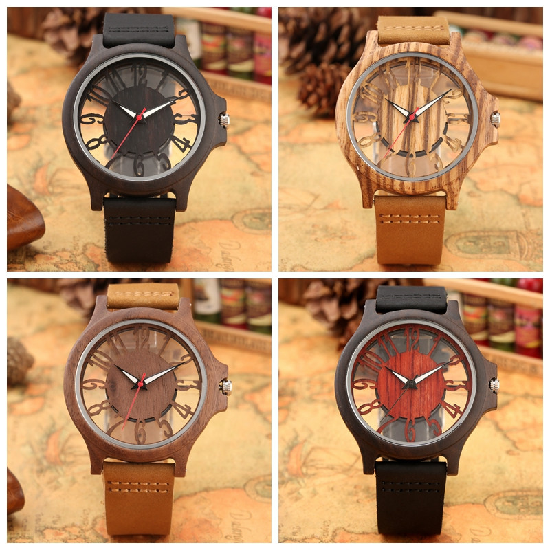 Retro üreges átlátszó számlap fa órák kvarc órák Óra Férfi karórák Retro bőr férfi óra Relogio Masculino