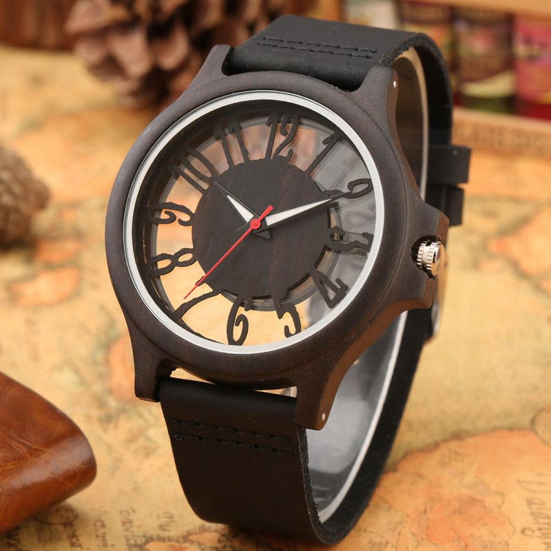 Retro üreges átlátszó számlap fa órák kvarc órák Óra Férfi karórák Retro bőr férfi óra Relogio Masculino
