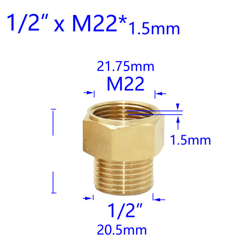 Mjed 3/8" 1/2" M14 M18 M22 Konektor s navojem Muški Ženski Za slavinu pročistača vode s mjehurićima Bakreni spojevi Razmak zubaca 1,5 mm