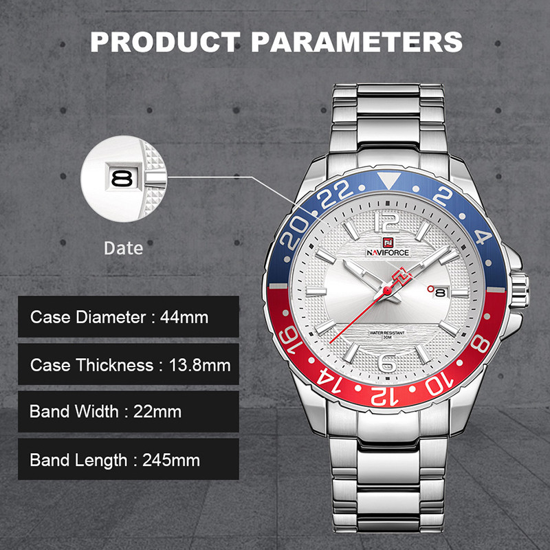 Naviforce labākais modes pulkstenis vīriešiem nerūsējošā tērauda ūdensizturīgs militārs vīriešu pulksteņi, kvarca datums, liela ciparnīca, pulkstenis Relogio Masculino