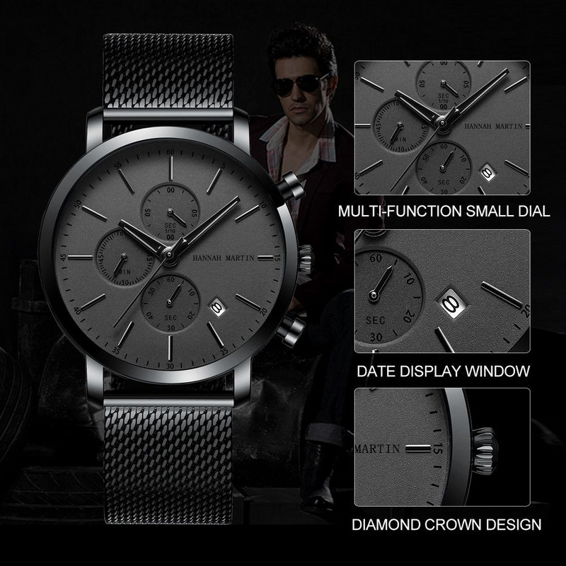 Hannah Martin vīriešu pulkstenis HM-109 nerūsējošā tērauda vīriešu rokas pulkstenis, daudzfunkcionāls kalendārs biznesa vīriešu pulksteņi Relogio Masculino