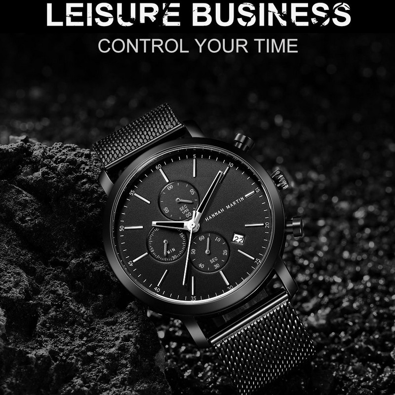 Hannah Martin vīriešu pulkstenis HM-109 nerūsējošā tērauda vīriešu rokas pulkstenis, daudzfunkcionāls kalendārs biznesa vīriešu pulksteņi Relogio Masculino